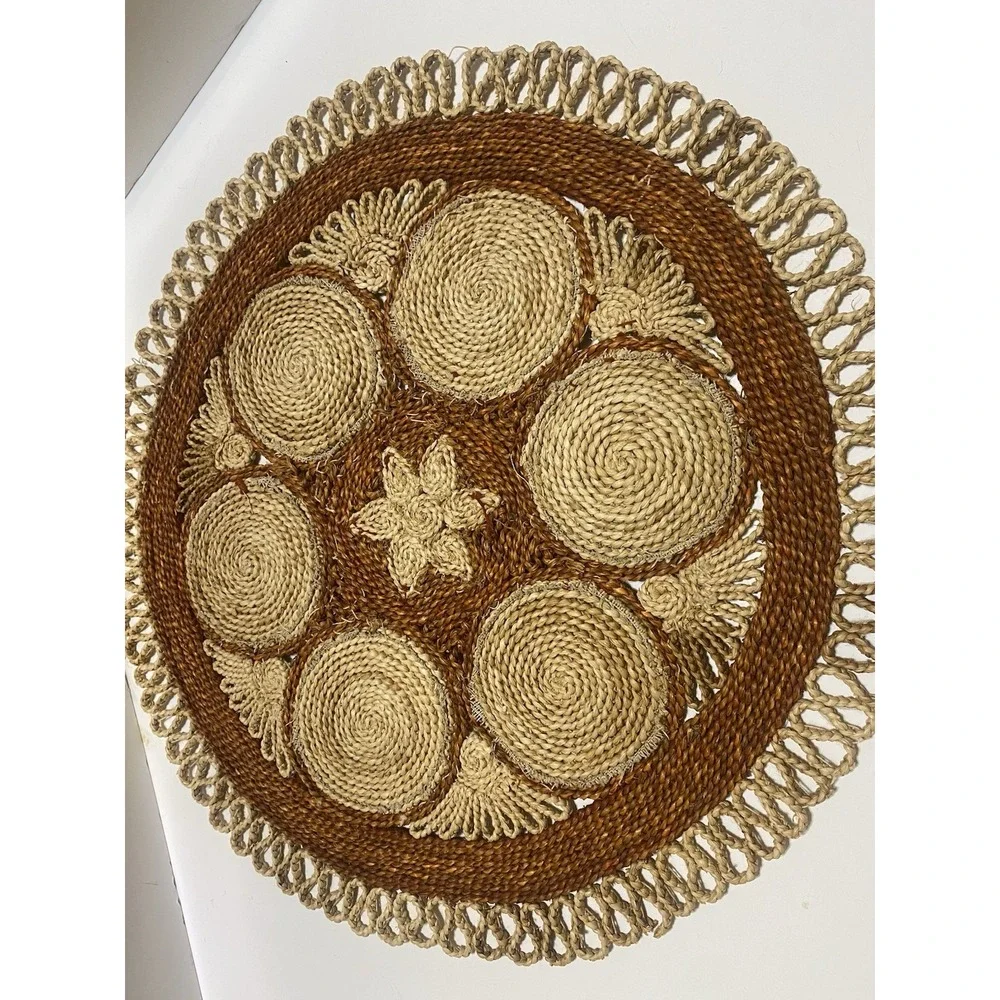 Woven Rattan Table Centerpiece 1970's MCM Needlepoint  Roses-As Is